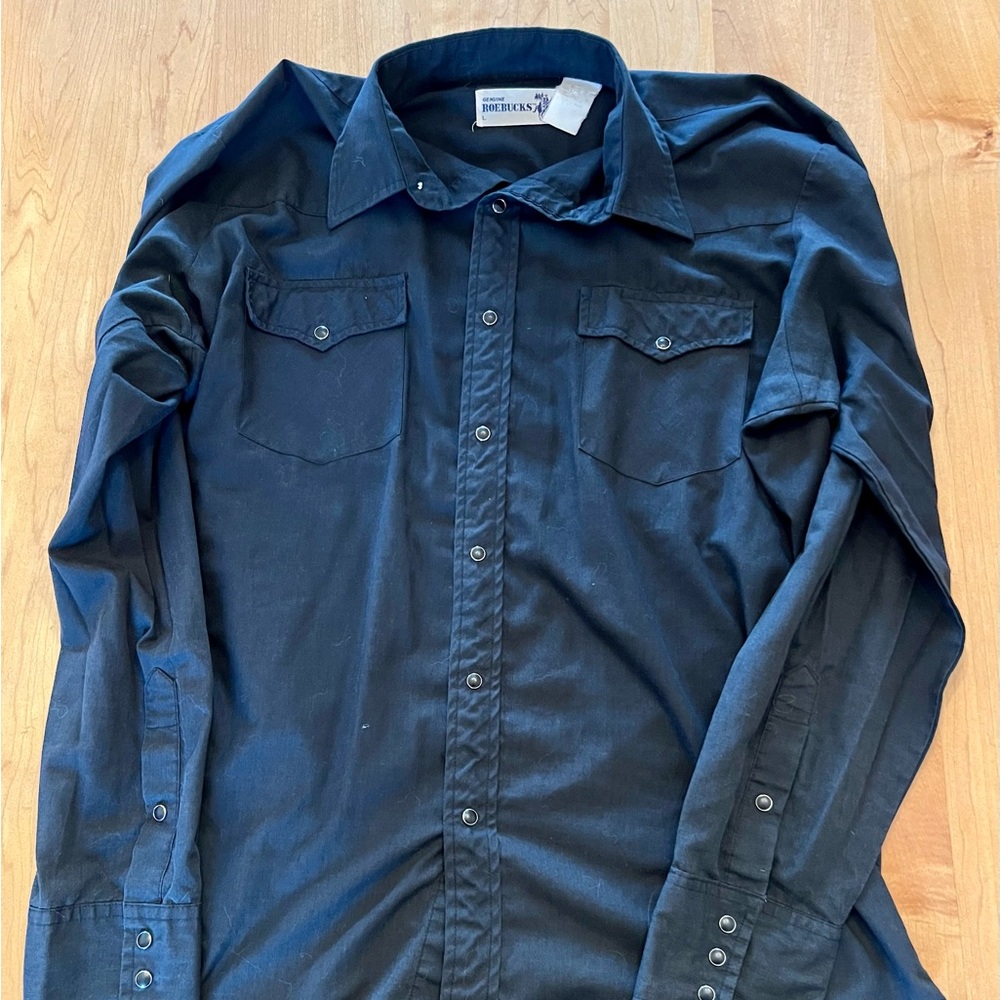 Vintage Roebucks Black Long-Sleeve Western Pearl Snap Button Down Shirt Large